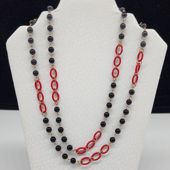Red & Black Beaded Necklace With Gold Chain Links Adjustable Lobster Clasp - Picture 1 of 6